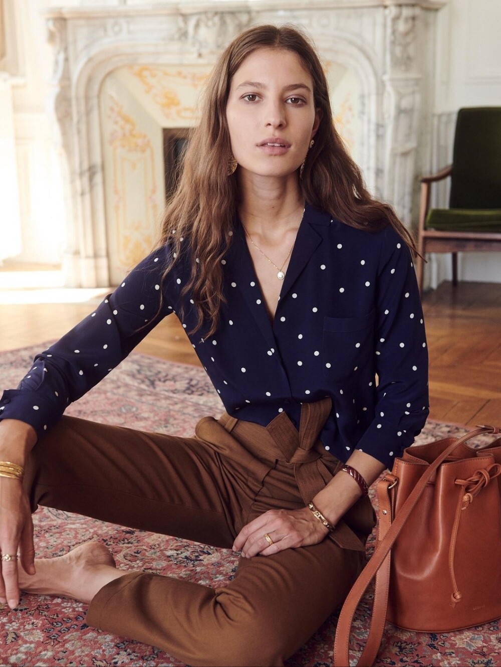 Sézane Florence Silk Shirt Navy With Ecru Polka Dots, size 6 (FR 38)